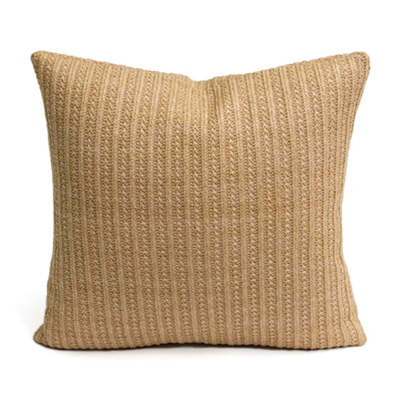 housse coussin tissée jute motif quadrillé vert rustique décor feuilles