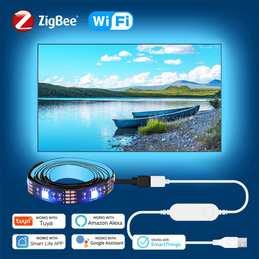 ruban led flexible rgb wifi zigbee controle mobile blanc bleu multicolore moderne