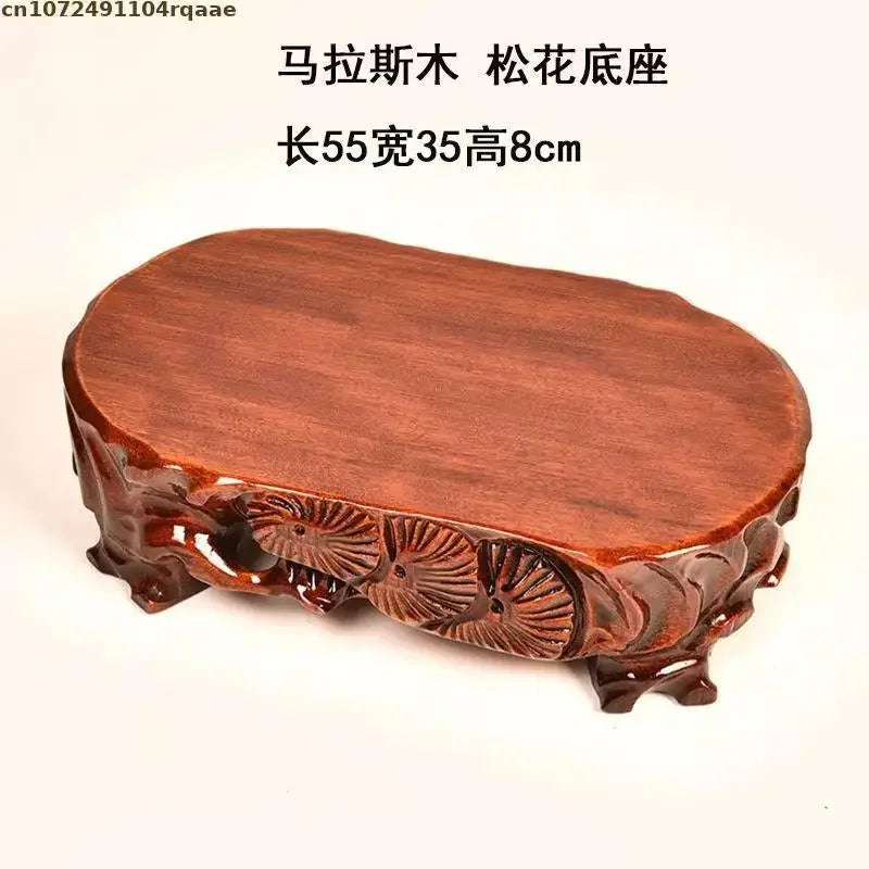 support bonsaï bois sculpté motifs floraux artisanal marron foncé unique présentation plante fleur