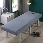 table massage gris blanc vert clair rose pâle uni moderne pieds métalliques couvre lit