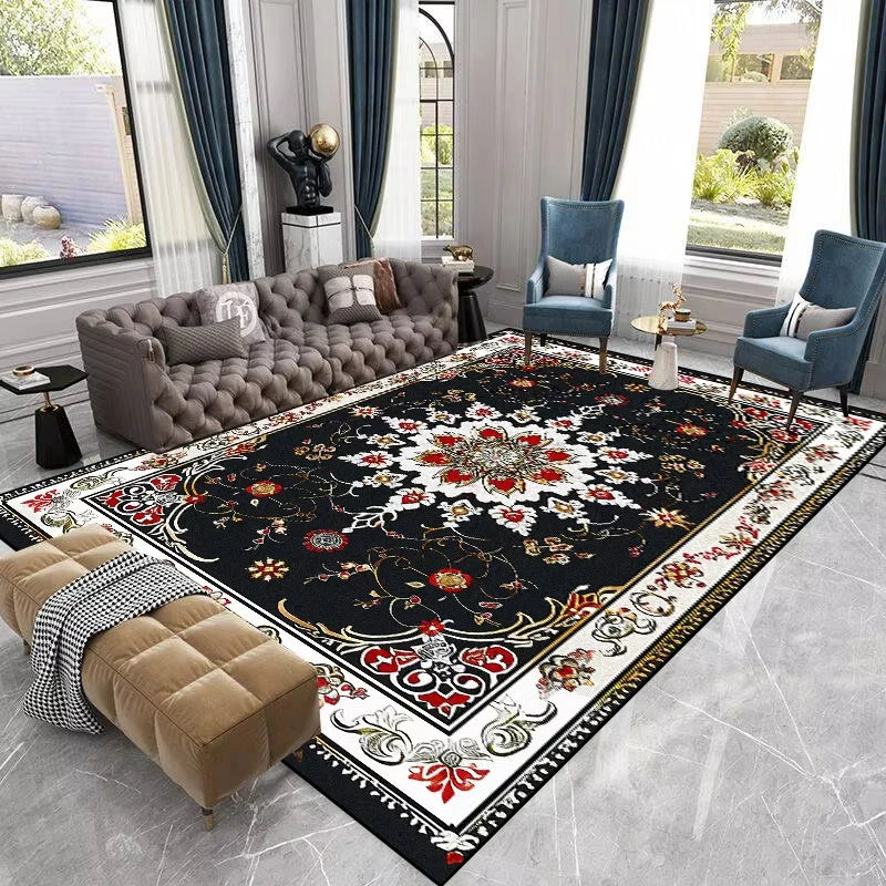 Tapis violet profond avec motif scénique sous une table basse