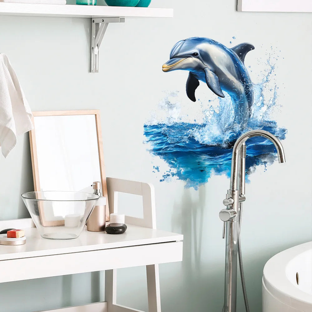 sticker mural dauphins sautant eau bleu blanc réaliste auto adhésif résistant eau salon baignoire