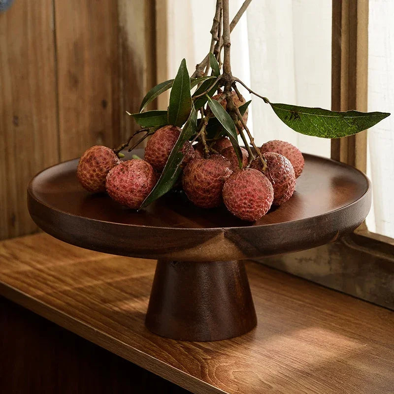 plateau fruits bois marron moderne diamètre 16.5cm hauteur 8cm fourchette petit taille salon exposition