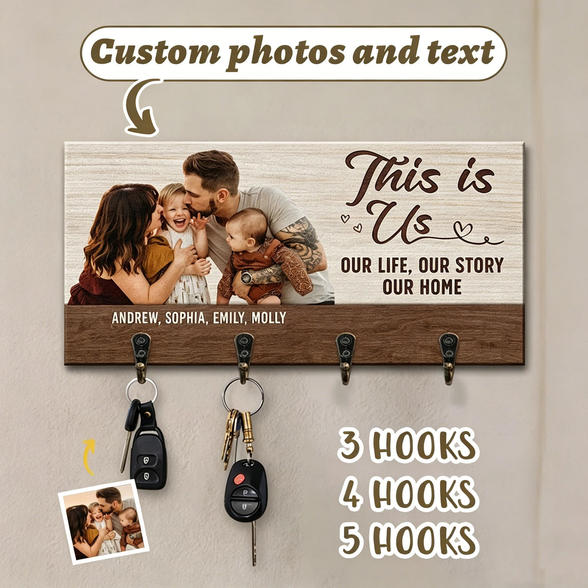porte clés mural personnalisable bois texturé crochets métalliques famille photos noms décoration moderne rustic
