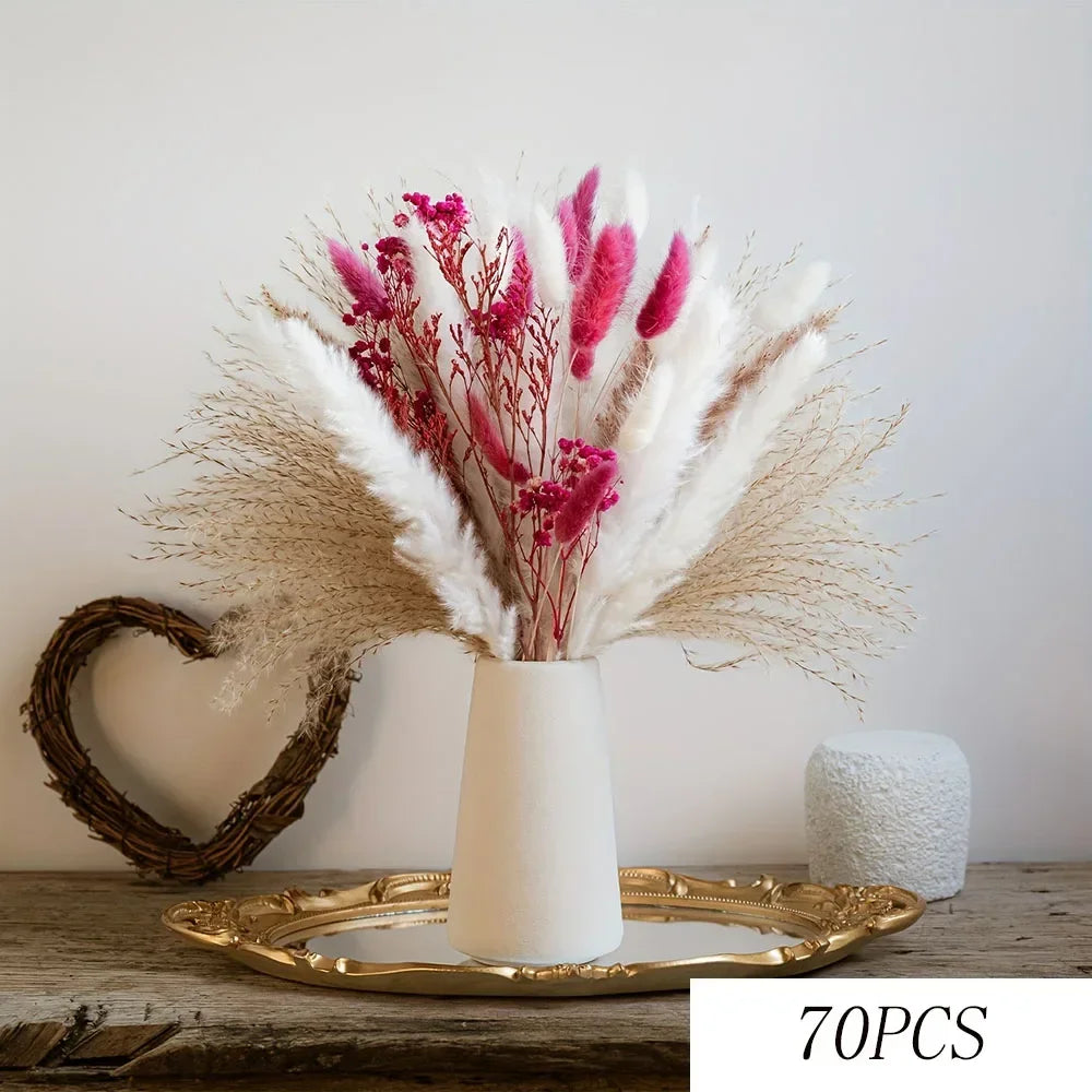 bouquet fleurs séchées naturel plumes feuilles vert bleu turquoise vase blanc décoration maison anniversaire