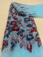 tissu dentelle fleurs broderie paillettes polyester coton mariage translucide violet bleuclair rouge gris marron