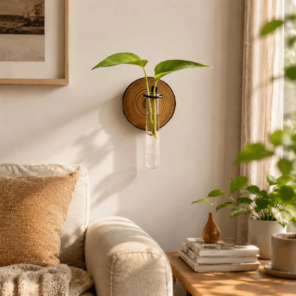 vase mural transparent moderne rustique bois décoration intérieure plantes hydroponiques