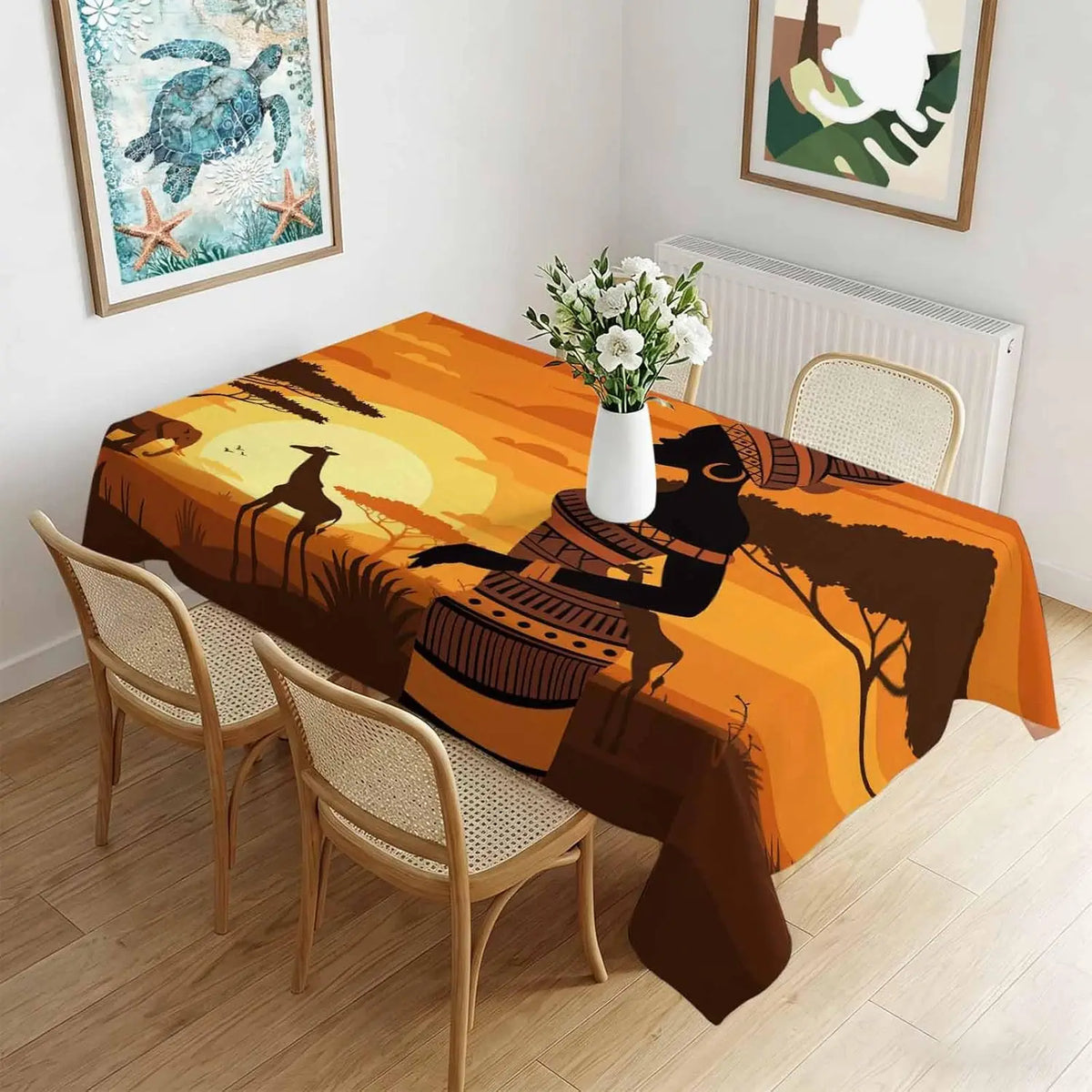 nappe table moderne africaine animaux éléphants paysage coucher soleil orange marron beige festiveextérieur