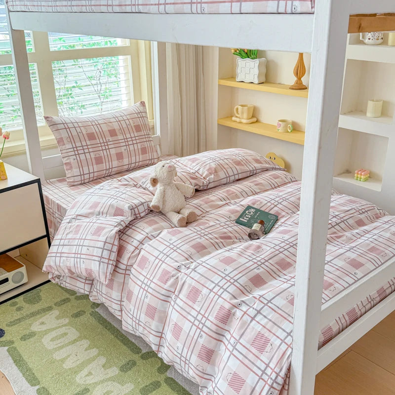 ensemble literie coton plaids carreaux bleu gris jaune blanc moderne enfantin attache ruban couverture