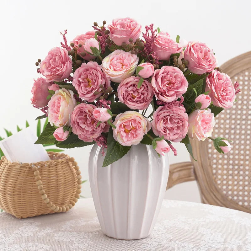 bouquet fleurs artificielles soie roses pivoines decoration mariage anniversaire intérieur blanc rouge violet orange