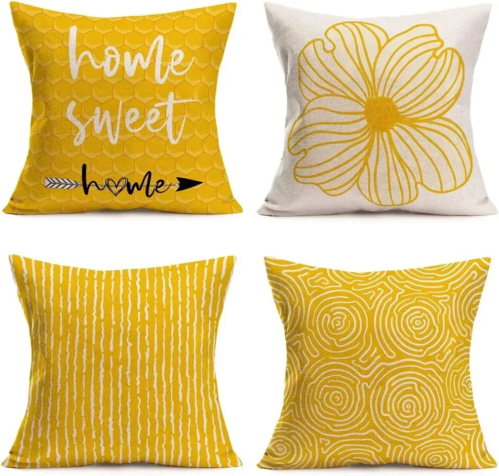 coussin décoratif carré jaune motif géométrique moderne housse canapé salon tissu polyester intérieur maison