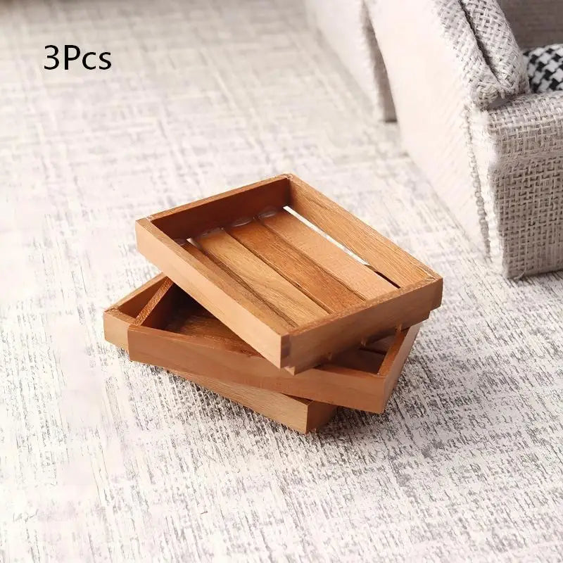 paniers rangement miniature bois marron clair bouteilles pots tasse thé décoratif professionnel maison poupée