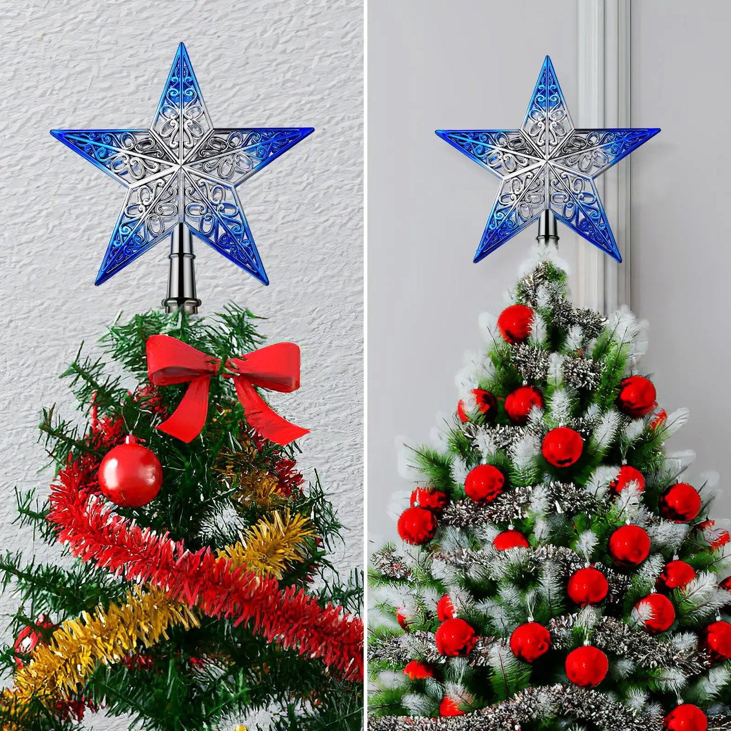 Décoration de Noël bleue : étoile au sommet du sapin