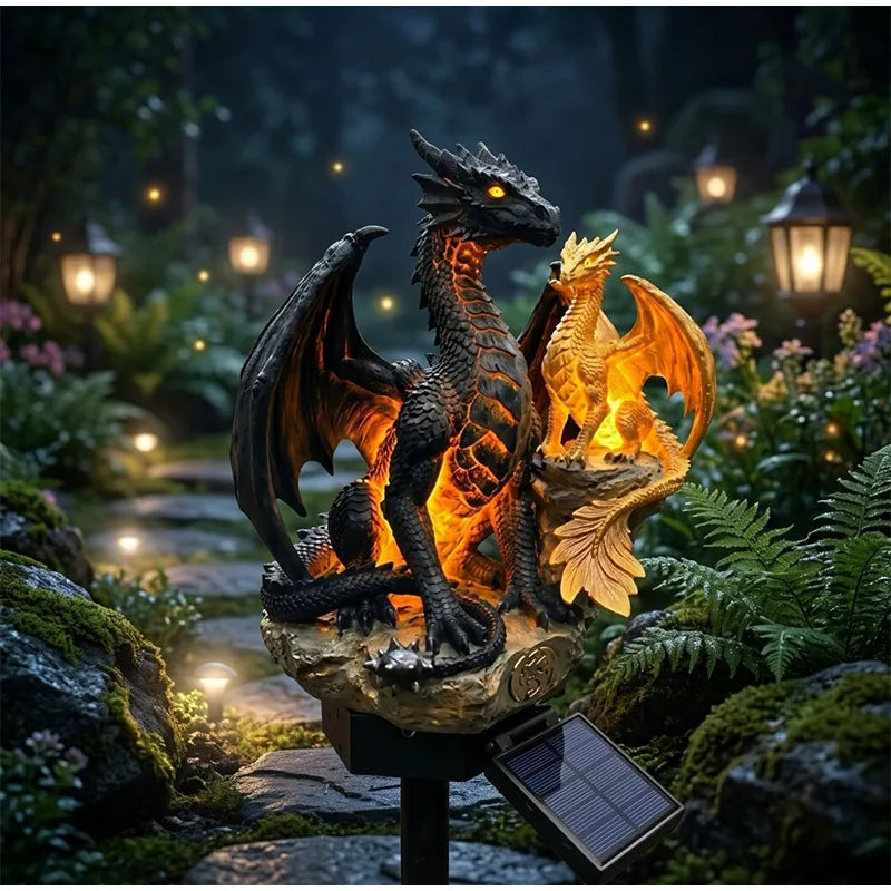 statue dragon jardin solaire éclairage extérieur ornement décoratif fantastique éclairage led nocturne textures écailles