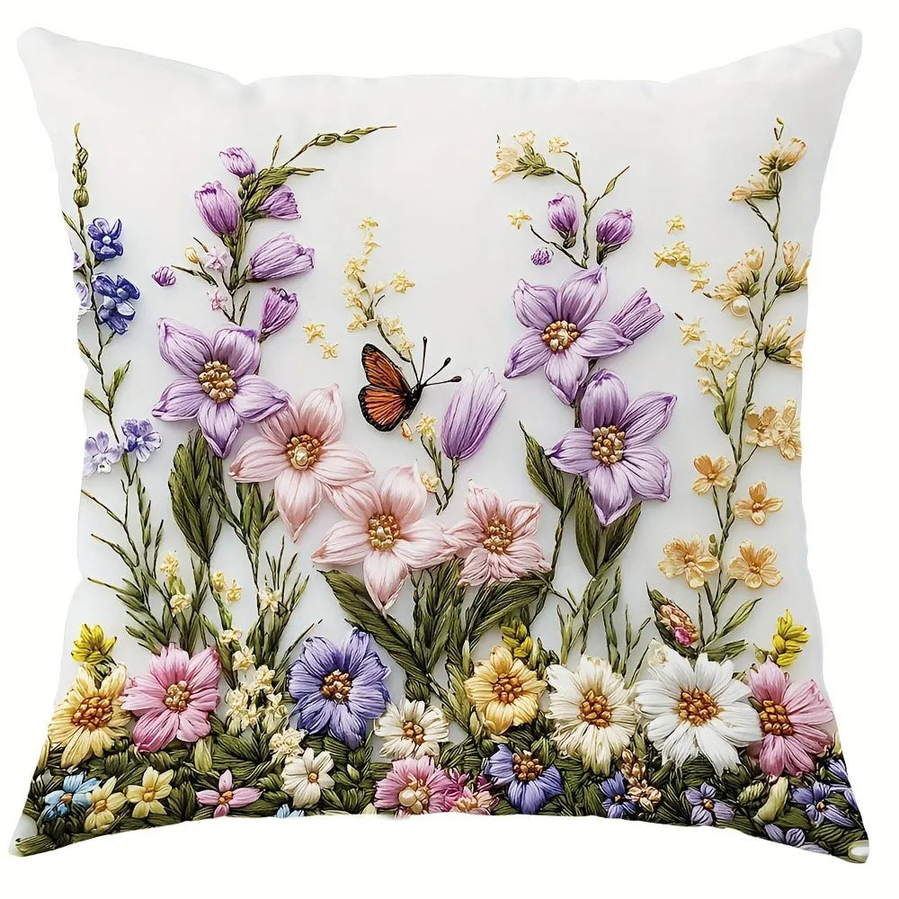 housse coussin fleurs papillons guirlande motif vintage blanc violet rose jaune vert zipper closure