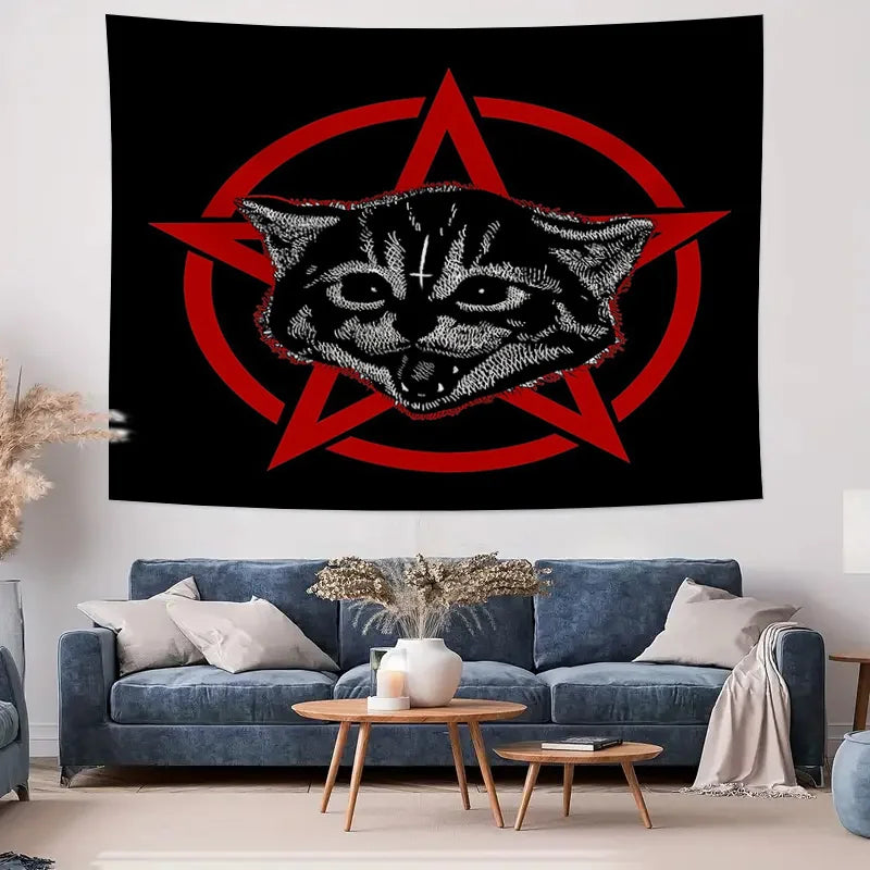tapisserie murale gothique chat yeux croix géométrique noir rouge gris contemporain graphique decoration chambre