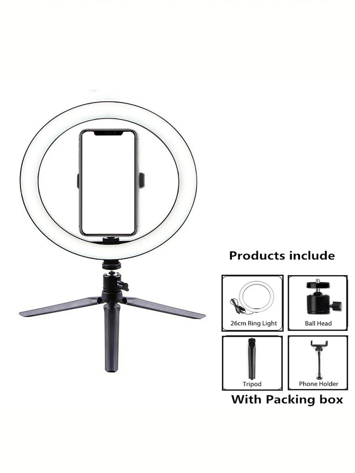 lampe anneau led blanc moderne trépied tête sphérique support téléphone
