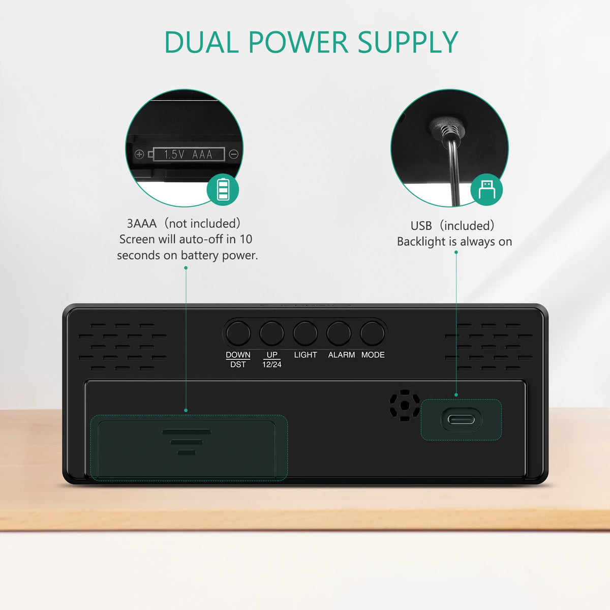réveil numérique led moderne double alimentation alarme snooze réglage luminosité 12 24h dst mode