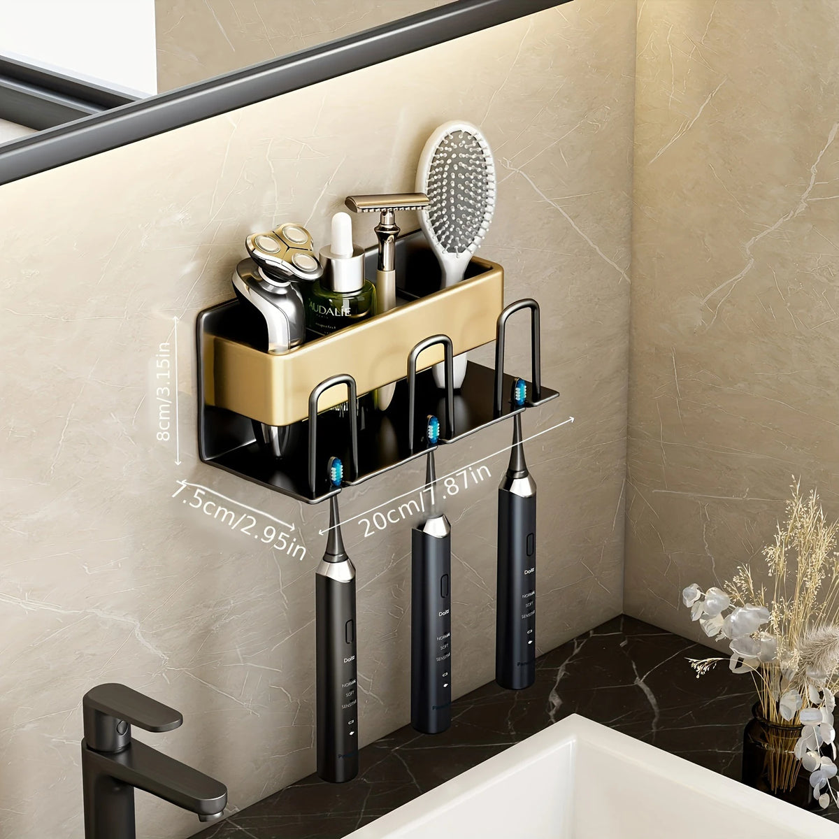 porte brosses dents adhésif moderne gris métallisé brosses lotions gels brosse toilette rasoir électrique