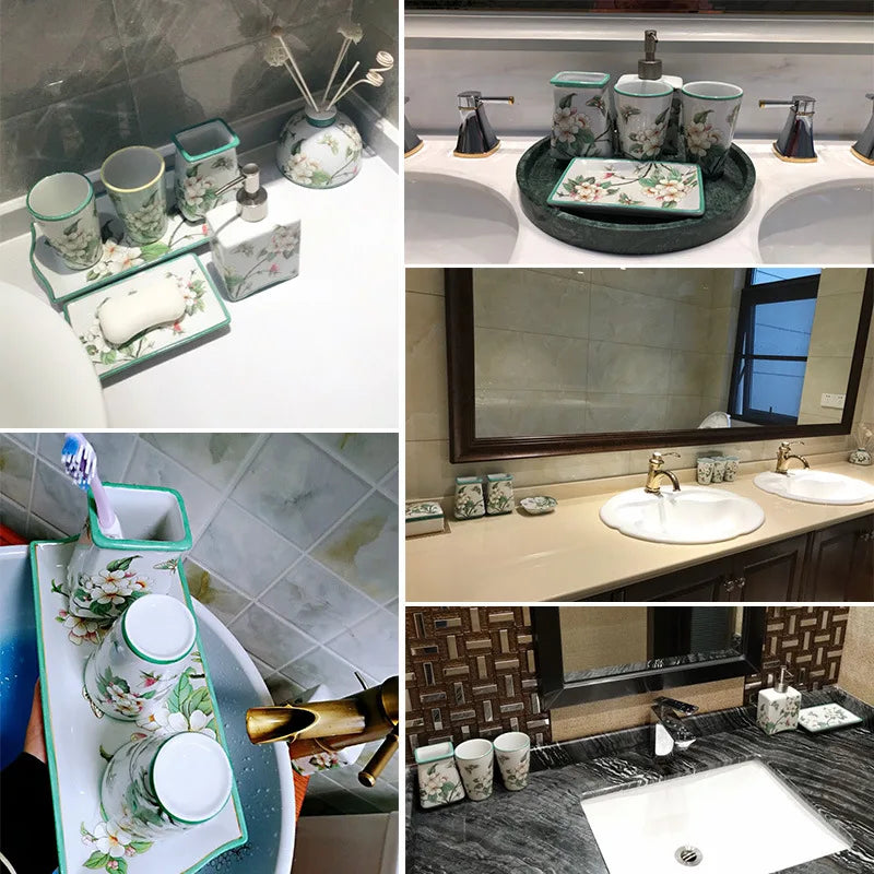 ensemble produits salle bain céramique blanc floral tasses porte savon distributeur savon porte brosse