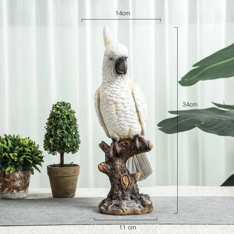 statue perroquet blanc résine branche boisée décoration plumes animaux intérieur