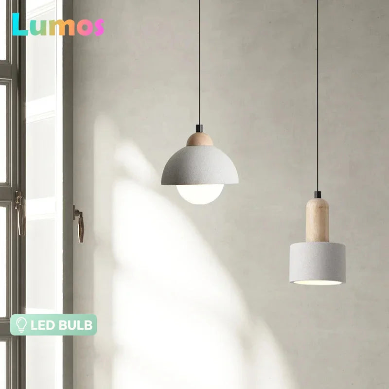 lampe suspendue moderne minimaliste gris clair blanc ampoule led texture béton fixations câble noir