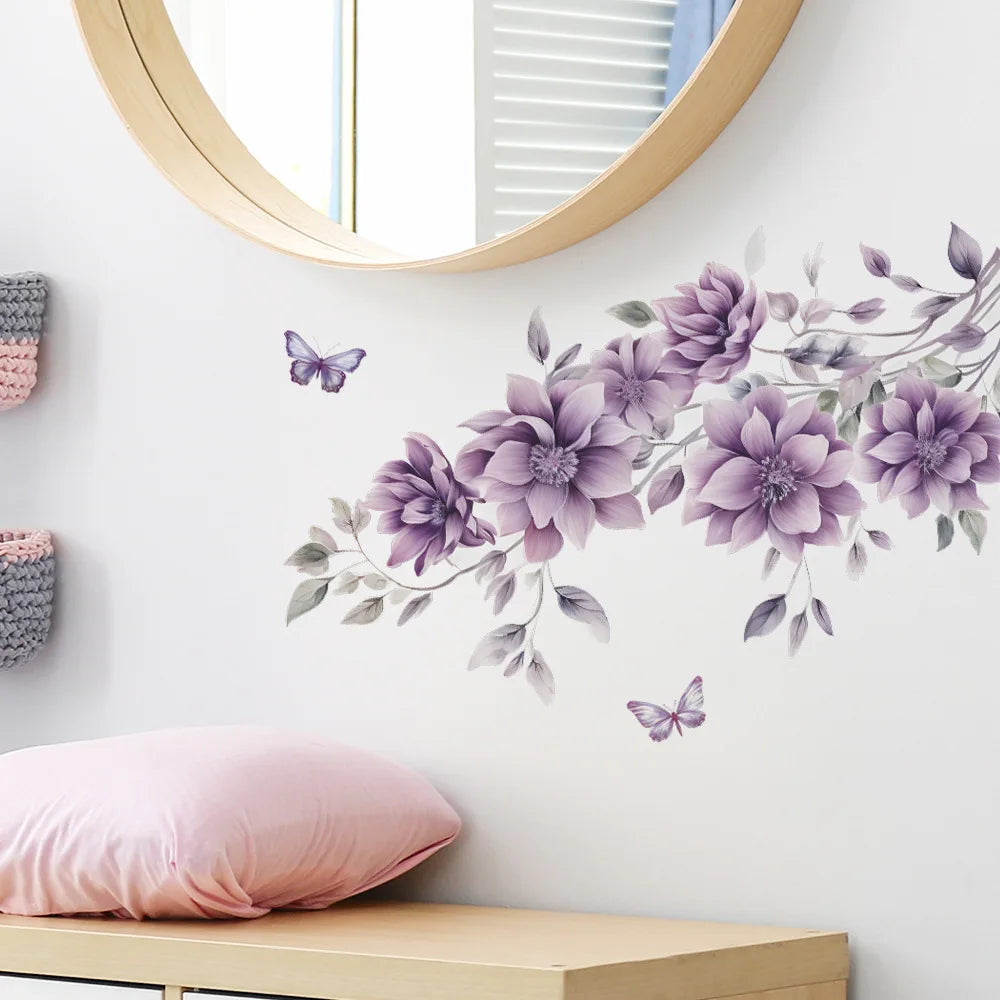 sticker mural fleurs violets papillons adhésif pvc résistant eau moderne salon chambre bain