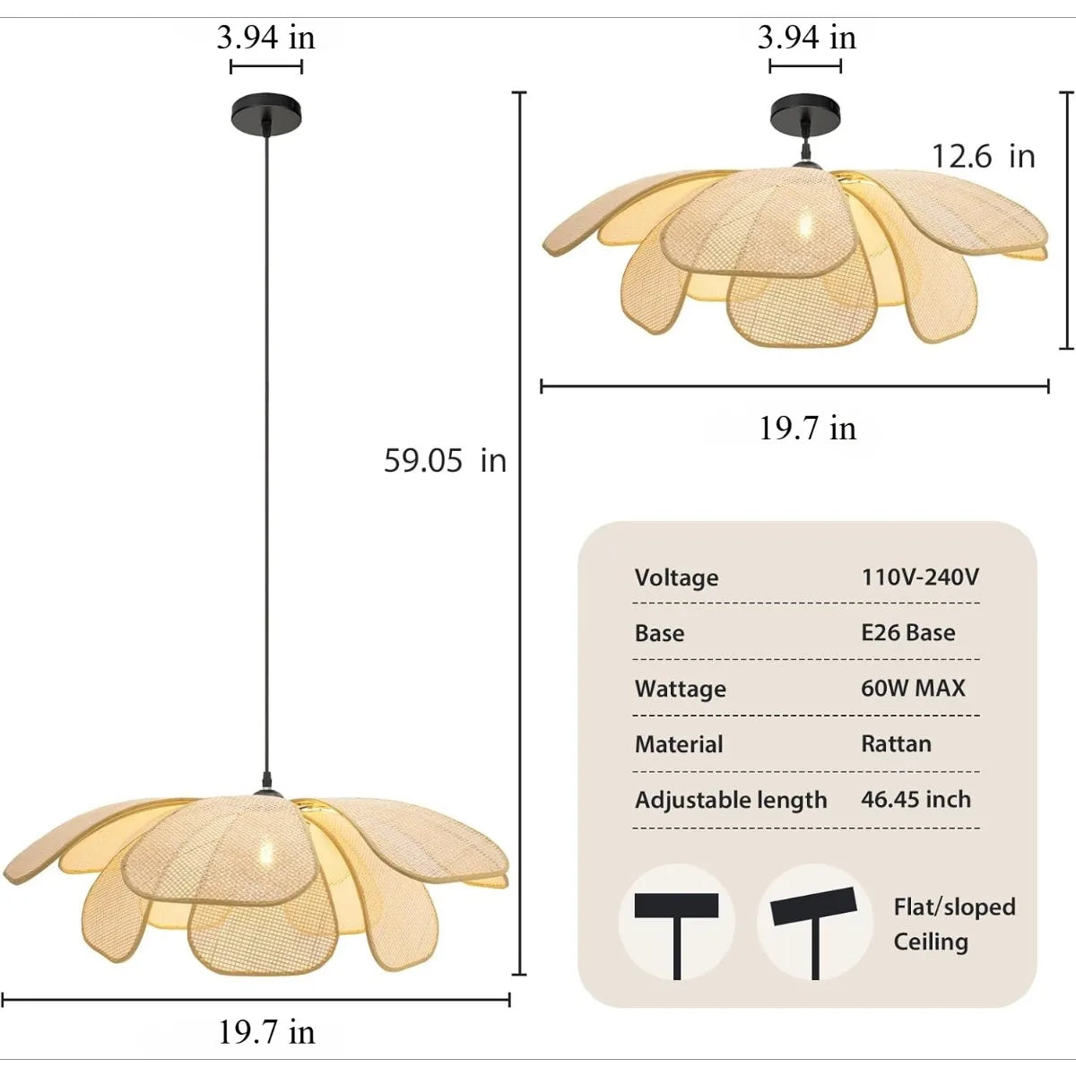 lampe suspendue moderne bambou tissé main boho couleur beige noir 50cm