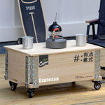 table basse vintage industrielle bois roulettes accessoires métal gris rectangle multifonctionnelle assemblage