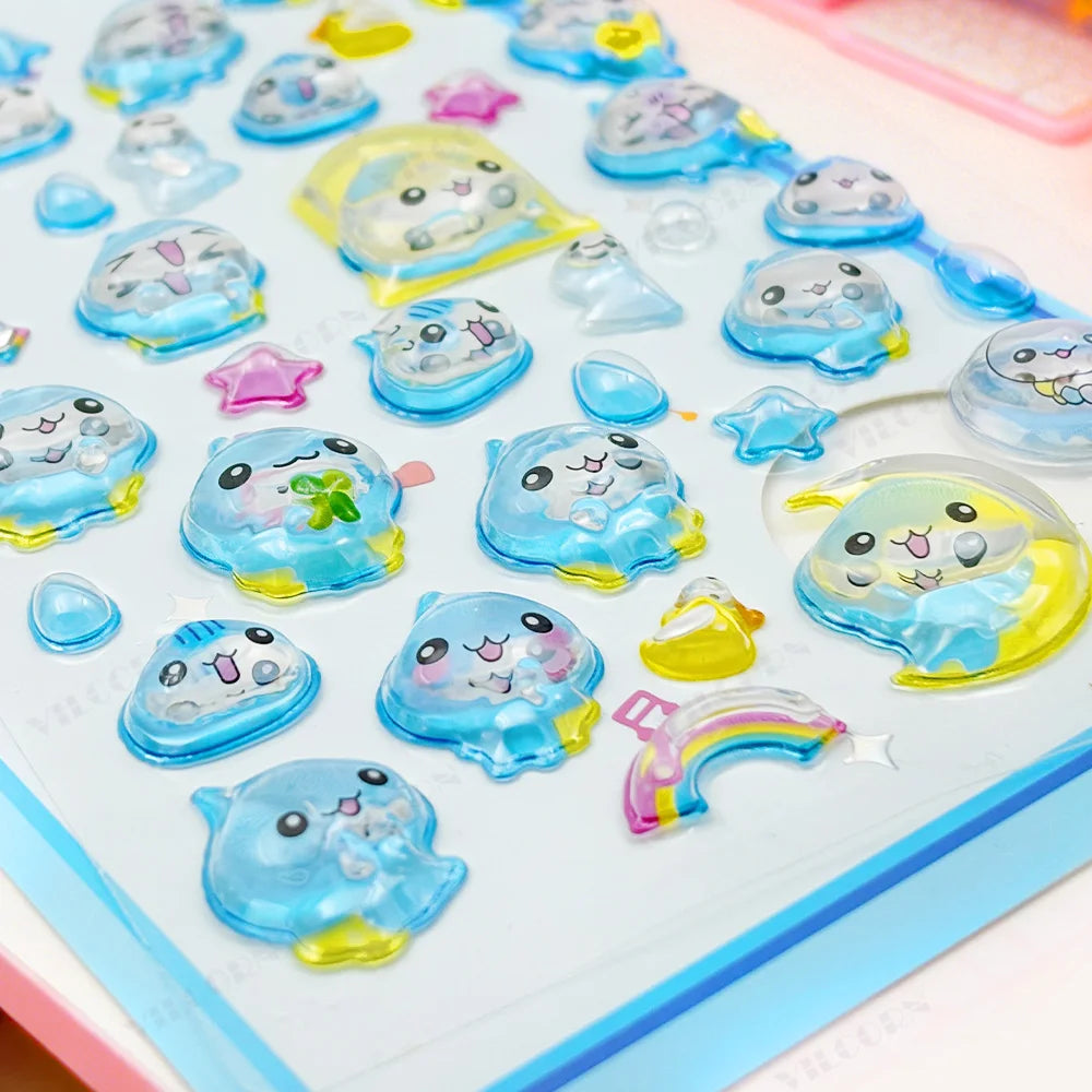 sticker 3d mignon goutte d'eau animaux étoiles arc ciel kawaii adhésif rose blanc bleuclair.texture