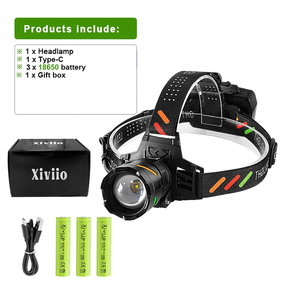 lampe frontale led rechargeable haute puissance 360 degres bandes lumineuses multifonction camouflage camping pêche