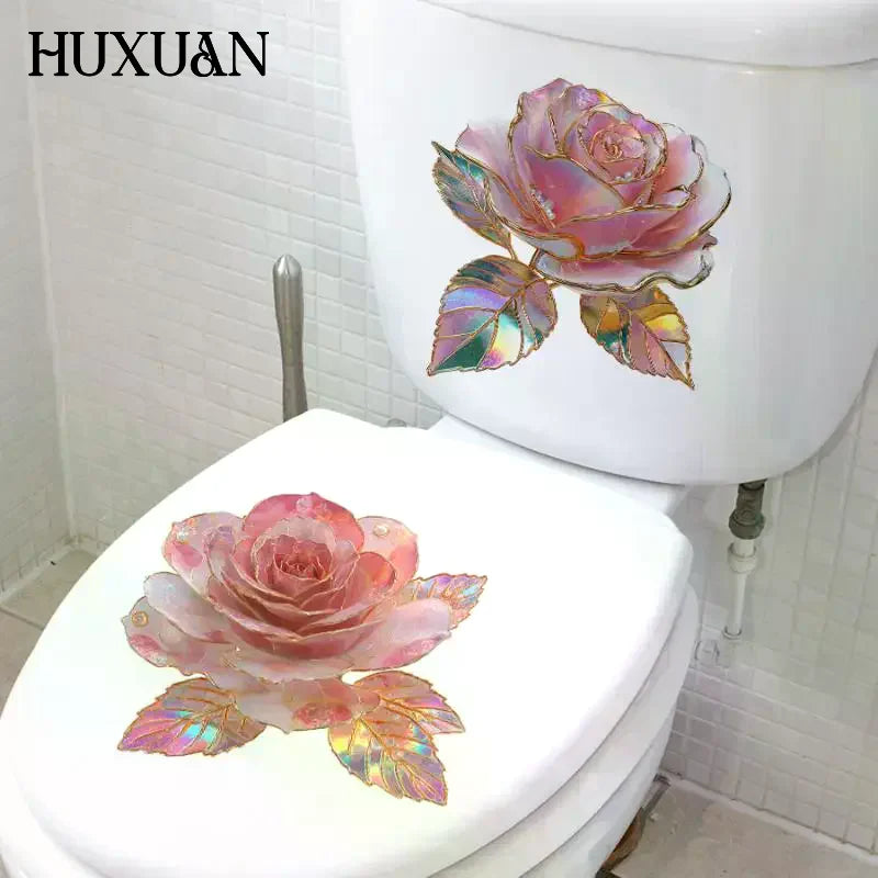 stickers decoratifs toilette rose pale vert clair feuilles dorures artistiques adhesifs salle bain