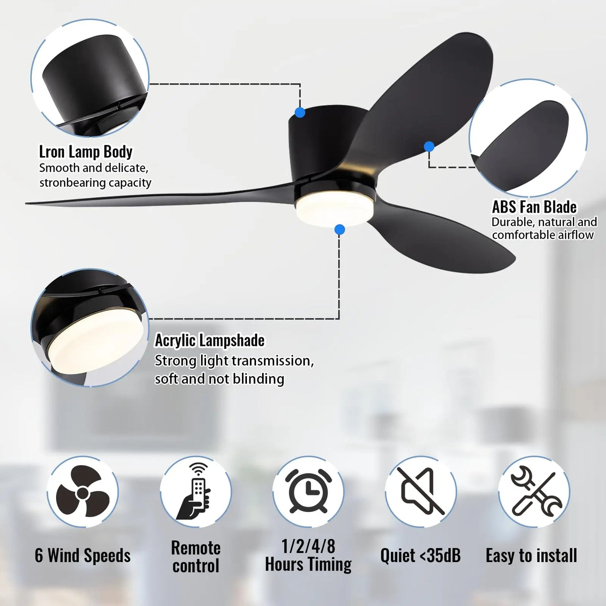 ventilateur led moderne noir six vitesses télécommande lumière réglable silencieux facile