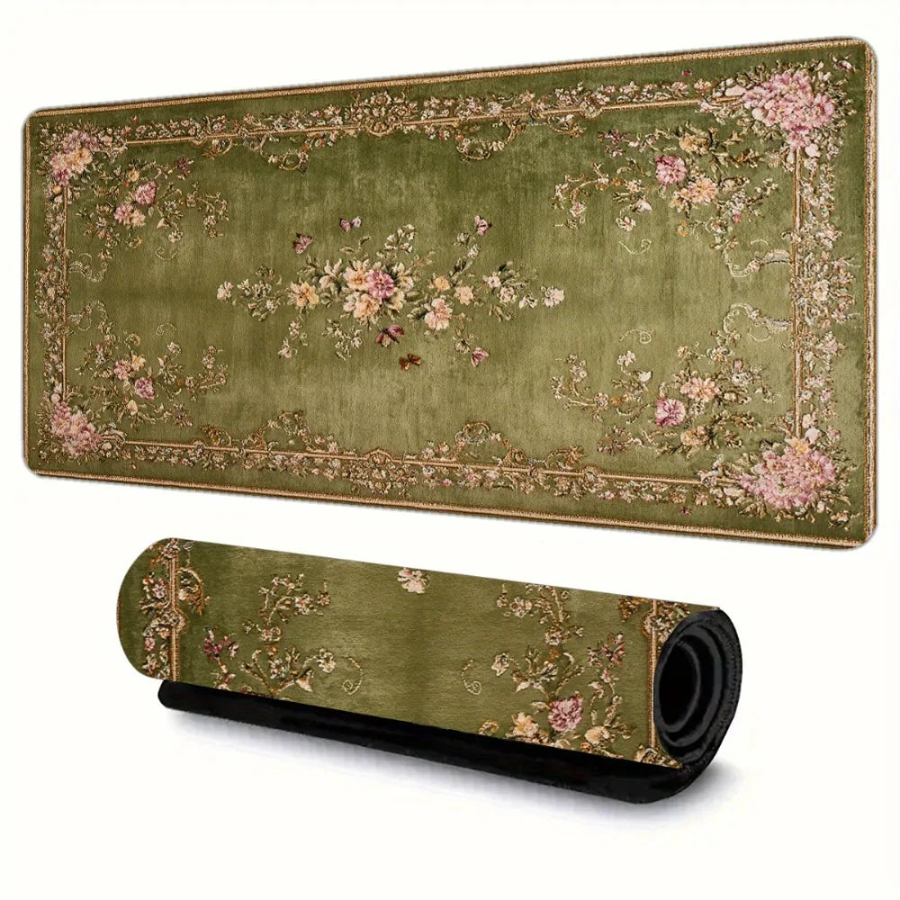 tapis vert olive fleurs roses blanches bordure dorée anti dérapant grande taille classique maison