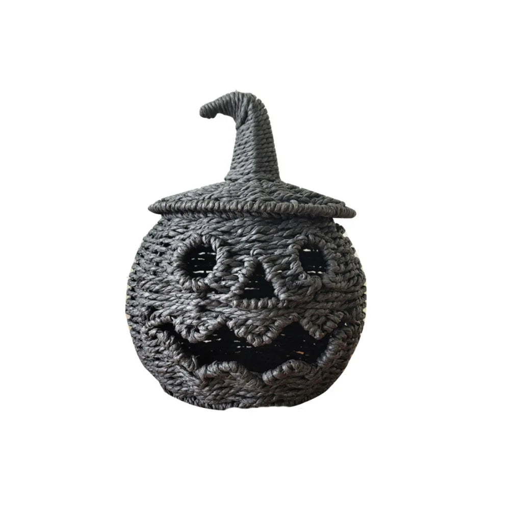 lanterne halloween citrouille tressée visage sculpté orange noire résine mat
