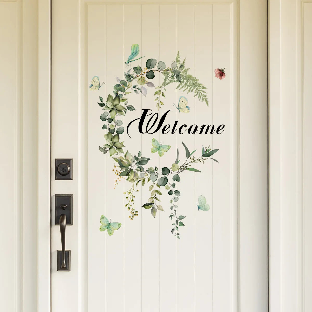 autocollant mural bienvenue végétal feuilles fleurs papillons adhésif 30x40cm chambre couloir entrée