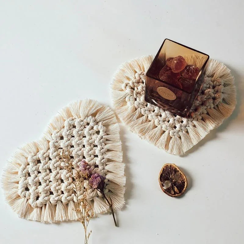 coasters tissu spirale tissée franges bohême artisanal couleur beige domestique utilisation protection table