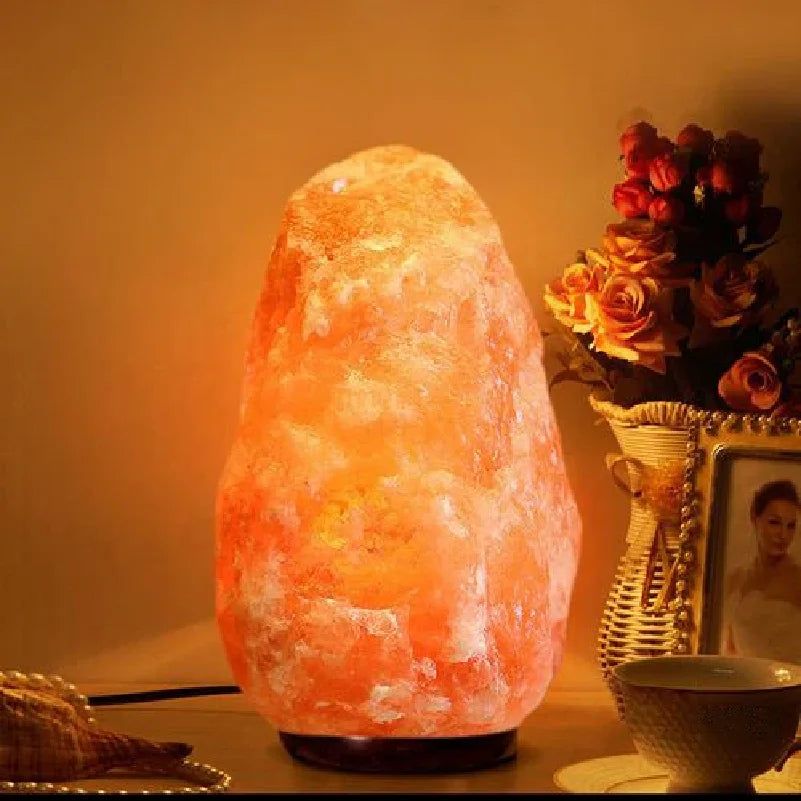 lampe sel himalaya orange moderne base bois éclairage doux air purification santé ambiance sérénité