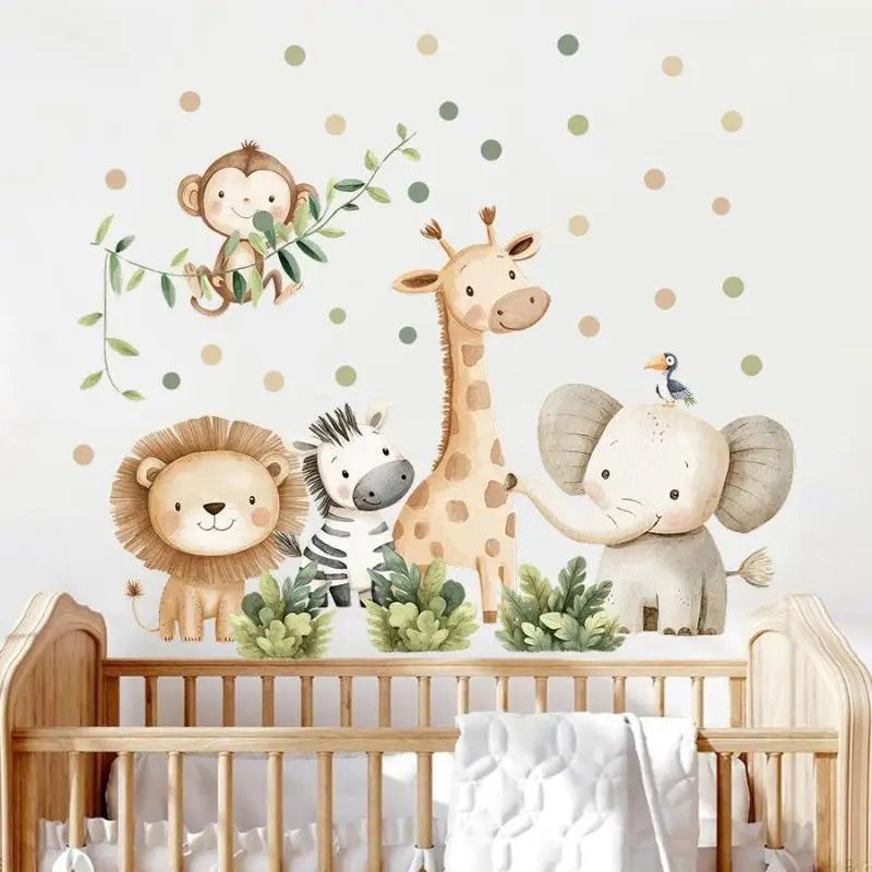 sticker mural animal savane aquarelle lion girafe elephant singe zèbre toucan enfant chambre