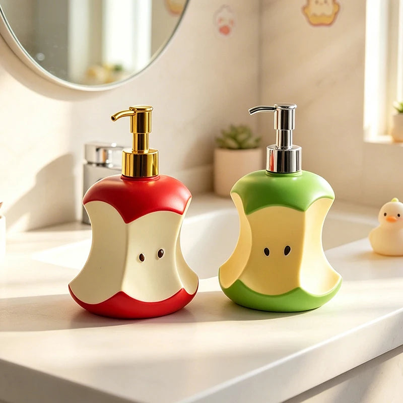 distributeur savon liquide pomme rouge vert moderne salle bain ludique pompe dorée