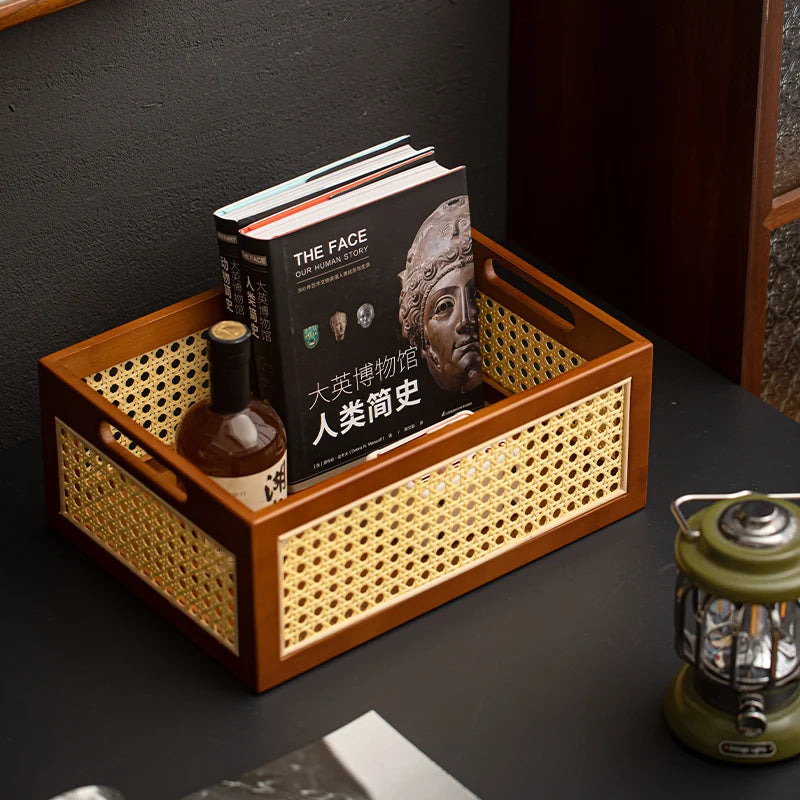 panier rangement rotin boîte rangement moderne tissu géométrique poignées métal bois marron clair tissu
