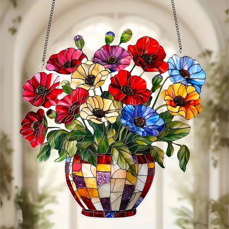panneau suspendu multicolore acrylique mosaïque artisanal fleurs vases décoration extérieure fête ornement