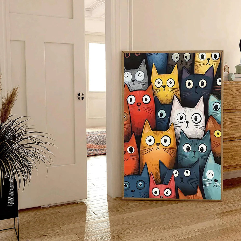 toile d'art moderne illustration chats yeux grands ouverts multicolore sans cadre doré