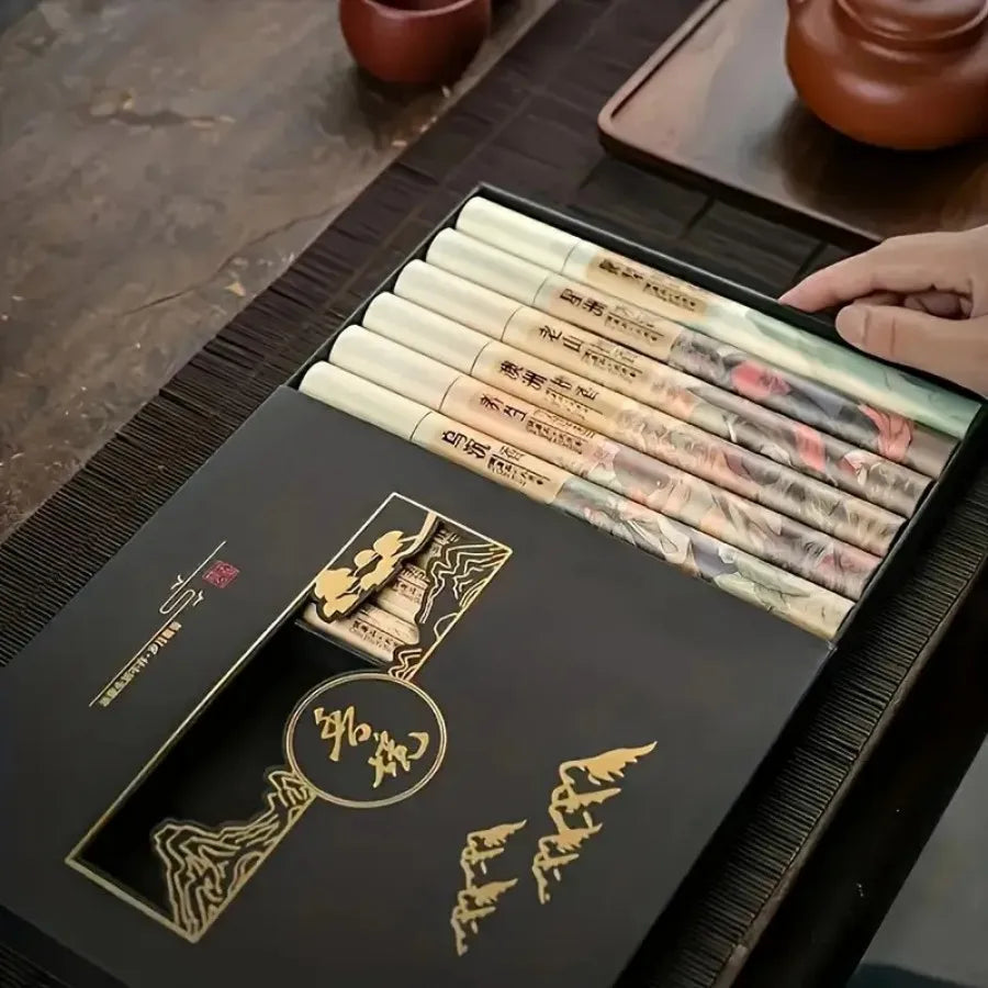 coffret encens bâtons bois beige motifs chinois paysages traditionnels salon aromathérapie cadeau doré illustrations