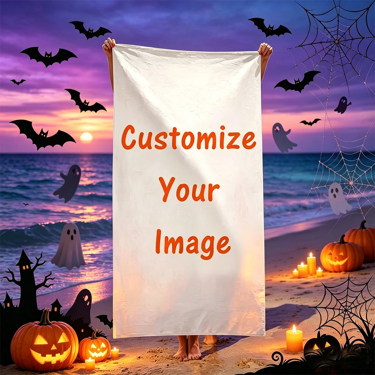 serviette personnalisable halloween chauvesouris fantomes citrouilles blanc moderne rapide machine