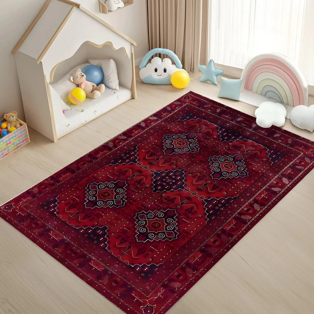 tapis ethnique géométrique rouge noir salon chambre décoration maison motifs floraux 40x60cm 50x80cm 80x120cm