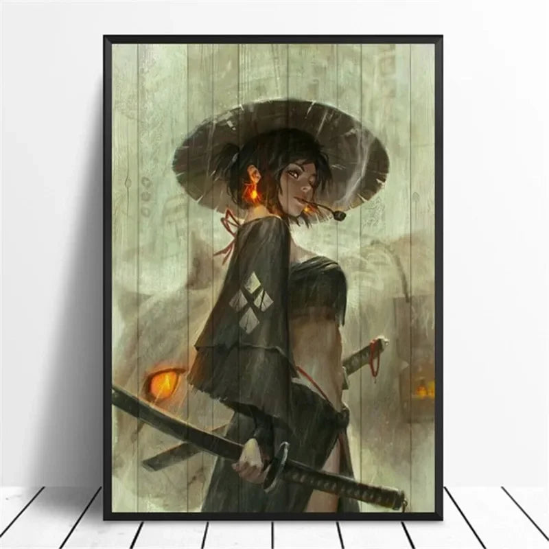 affiche toile samouraï silhouette noir blanc art contemporain décoration mur chambre japonais