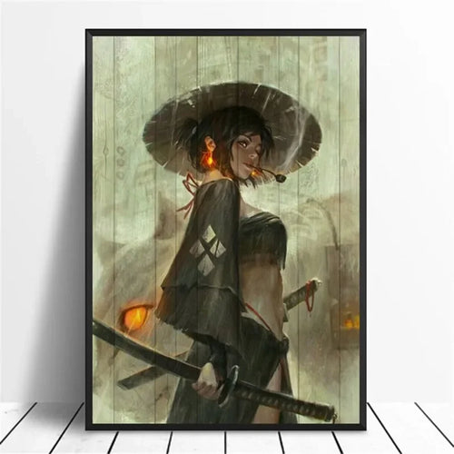 affiche toile samouraï silhouette noir blanc art contemporain décoration mur chambre japonais