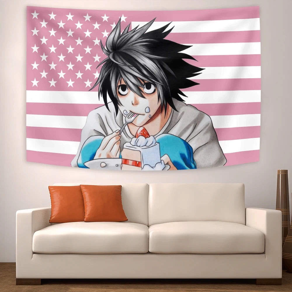 tapisserie anime personnages dessin animé rose blanc bleu noir chambre salon