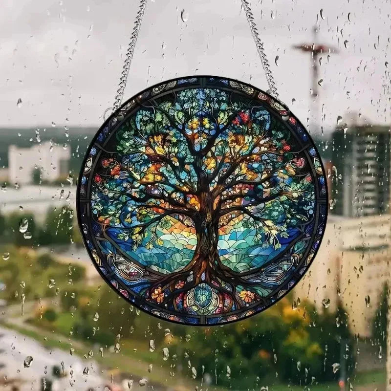 décoration murale vitrail arbre floral lever soleil suspendu chambre fenêtre translucent